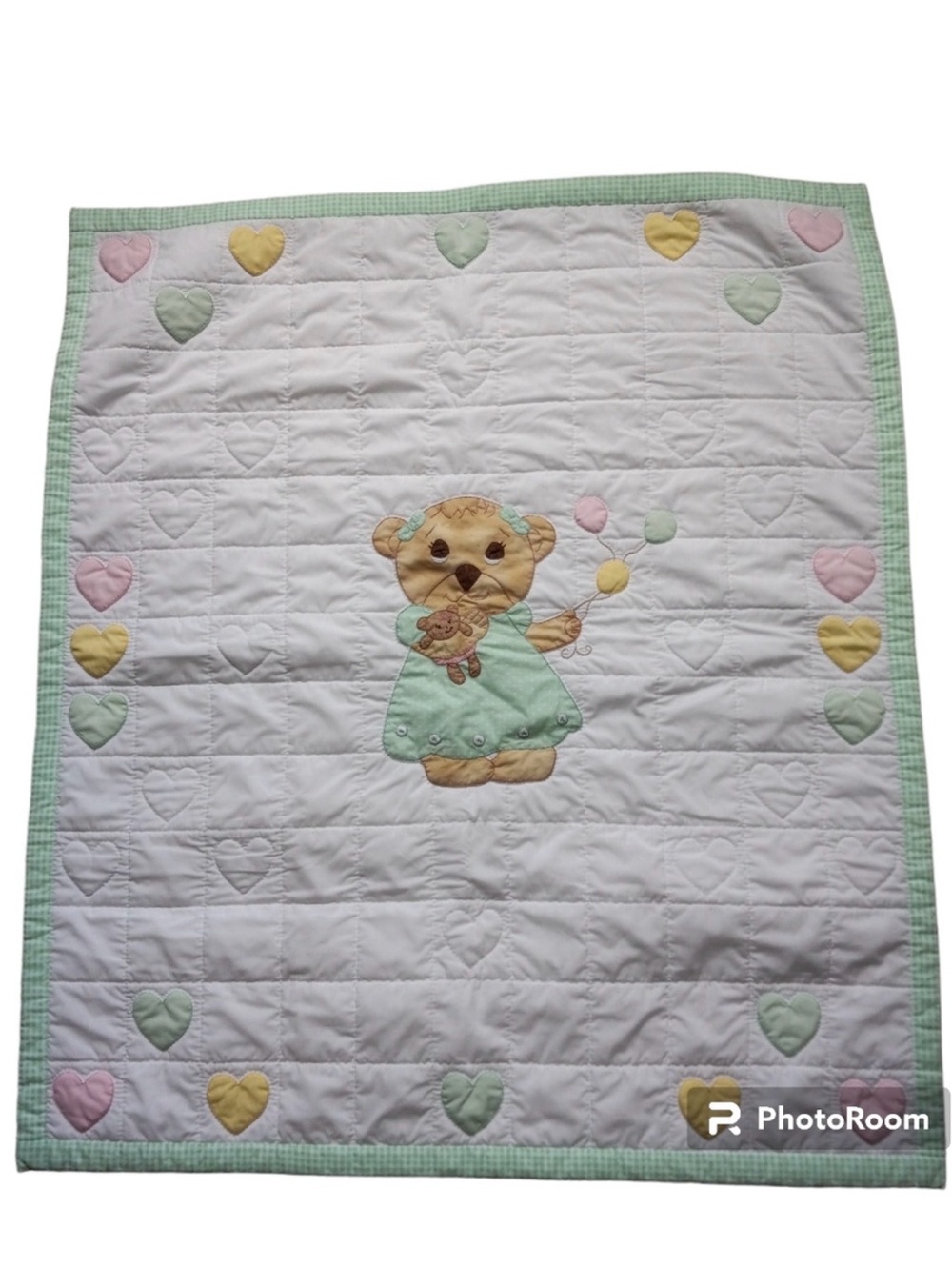 Vintage handmade Pastel Teddy Baby Quilt with Hearts
